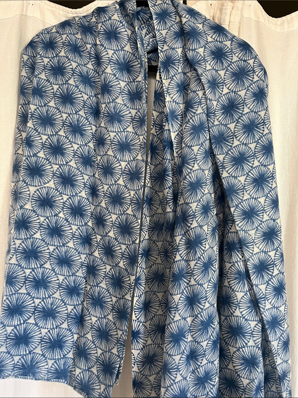 100% wool Blue Printed Women's Scarf - Lightweight Floral Radial Pattern